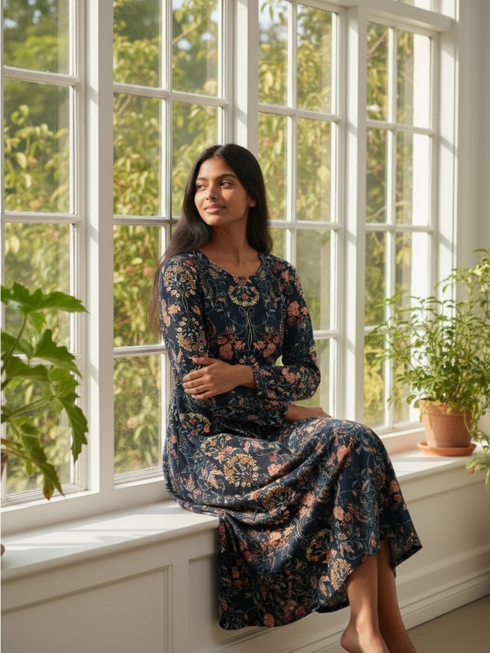 Floral Long-Sleeve Midi Dress in Navy by I. Madeline XS EUC - Picture 2 of 6